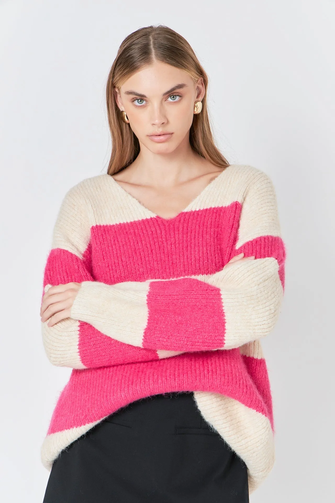 Endless Rose - Fuzzy Striped Oversized Sweater