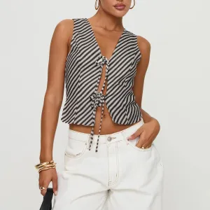 Fashion Striped Print Tank Tops V Neck Tie-up Front Camis Tank Women's Top