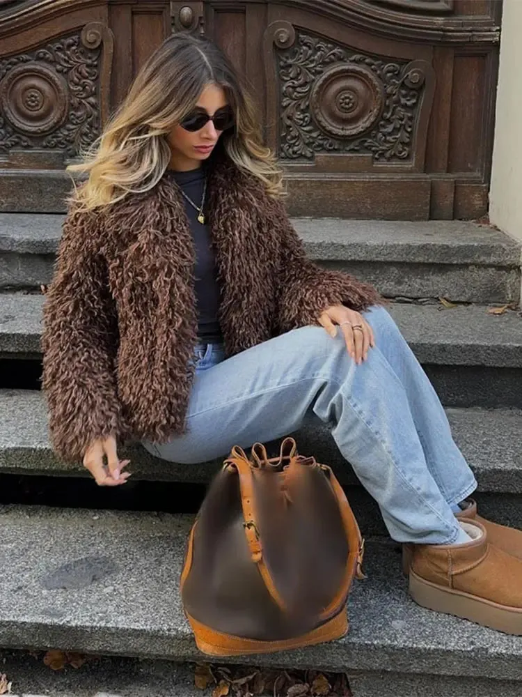 Fashionkova Fashion Brown Women Short Faux Fur Jacket Elegant Lapel Long Sleeve Fluffy Cardigan Coats Winter Lady Solid Warm Street Outwear