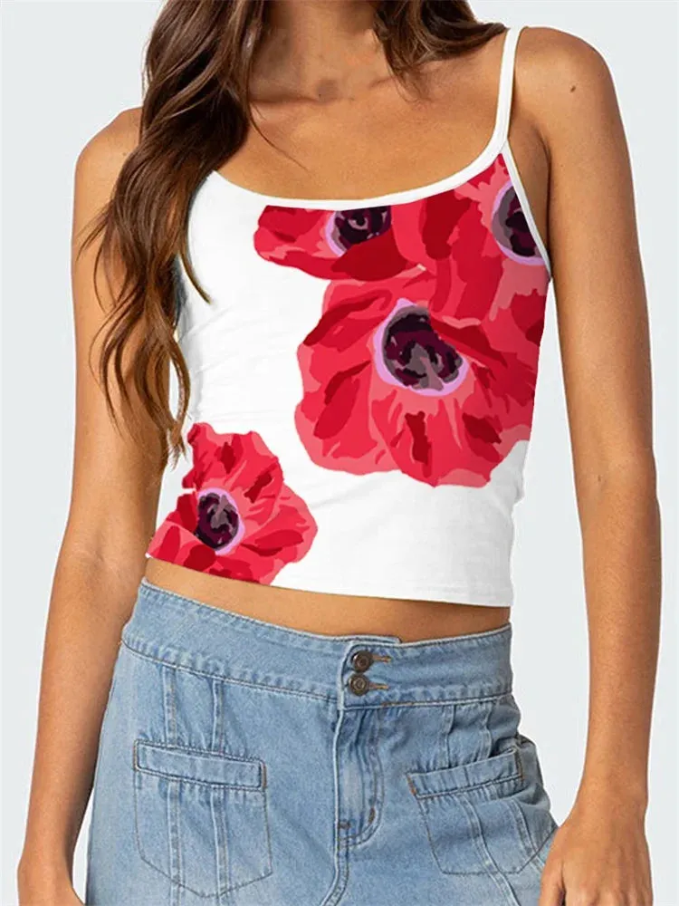 Floral Print Sleeveless Backless Slim Fit Spaghetti Strap Cropped Summer Mini Cami Top