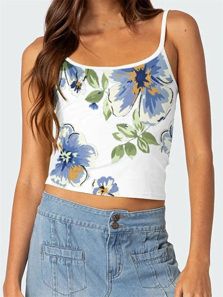 Floral Print Sleeveless Backless Slim Fit Spaghetti Strap Cropped Summer Mini Cami Top