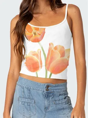 Floral Print Sleeveless Backless Slim Fit Spaghetti Strap Cropped Summer Mini Cami Top