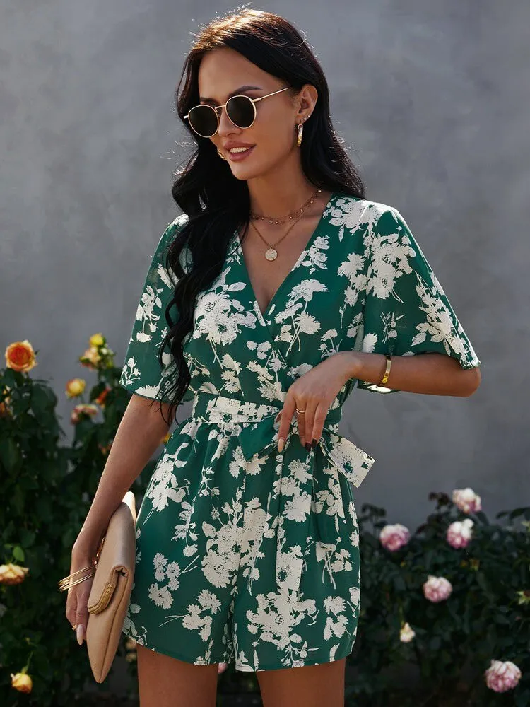 Front Allover Floral Print Belted Playsuits Wide Leg Pants Rompers