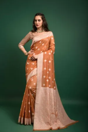 Ginger Orange Lucknowi Chikankari  Saree