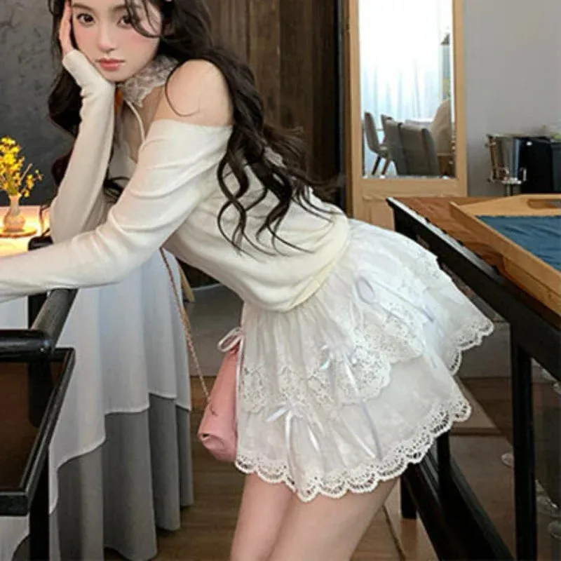 Girlary Cake Skirts Women Princess Style Bow Solid Balletcore Lace Patchwork All-match High Street Korean Fashion Summer Chic Y2k Sweet