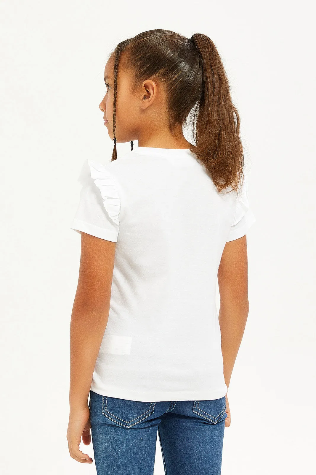 Girls White And Pink Frilled Sleeve T-Shirts Set (Pack Of 2)