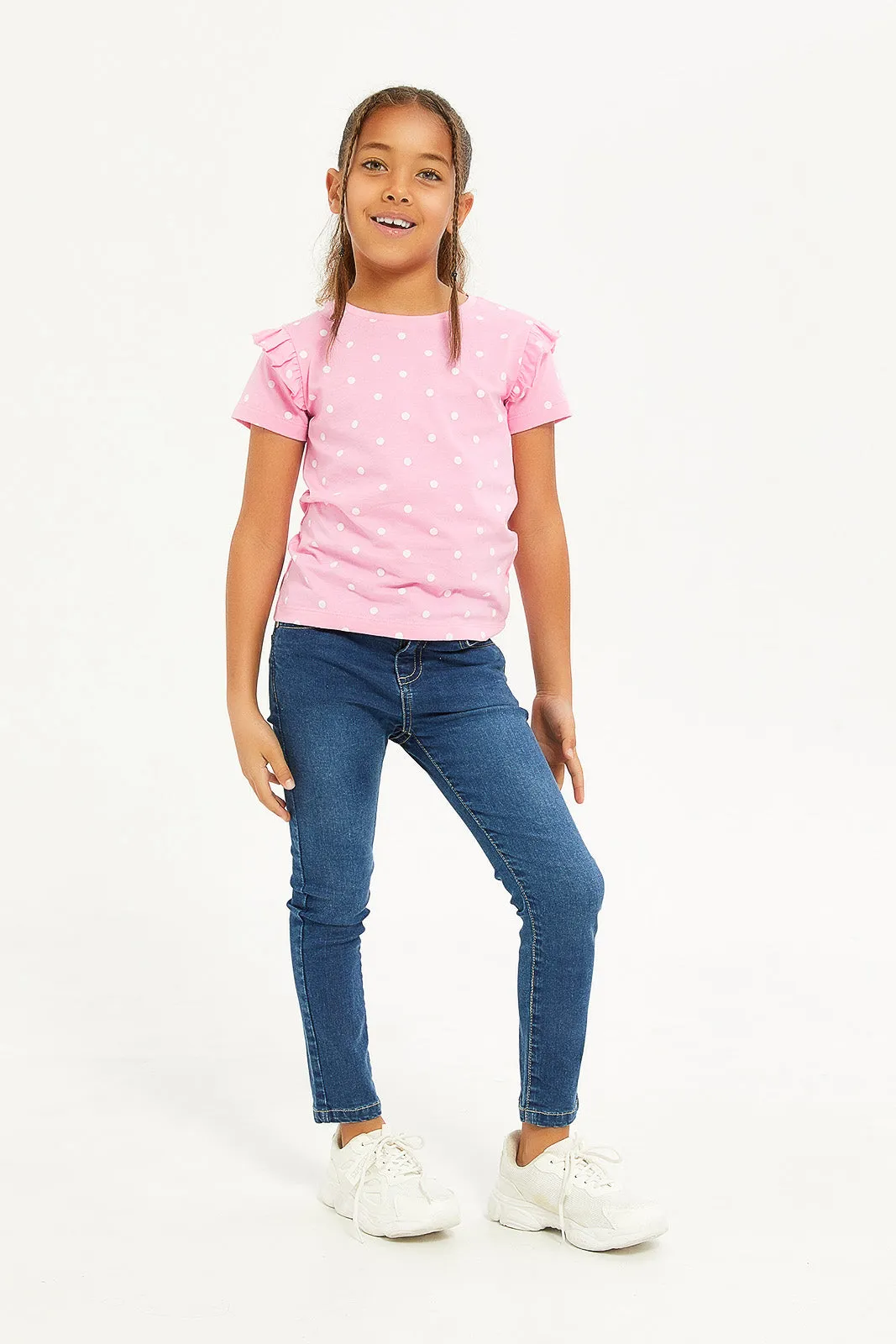 Girls White And Pink Frilled Sleeve T-Shirts Set (Pack Of 2)