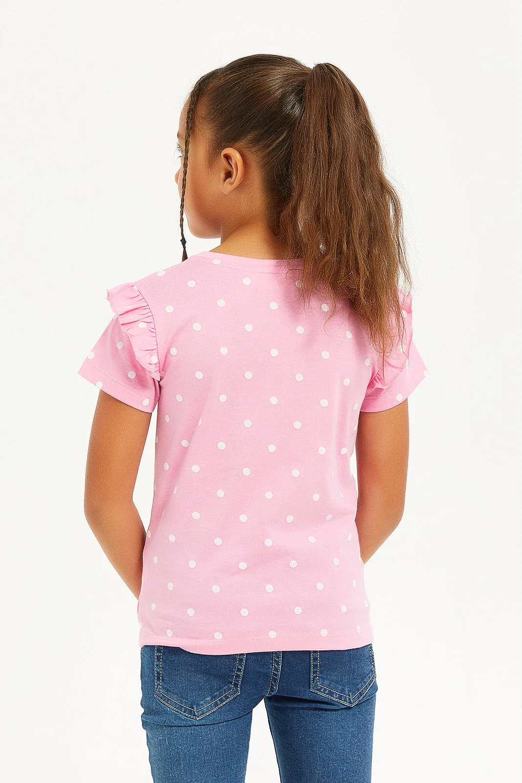 Girls White And Pink Frilled Sleeve T-Shirts Set (Pack Of 2)