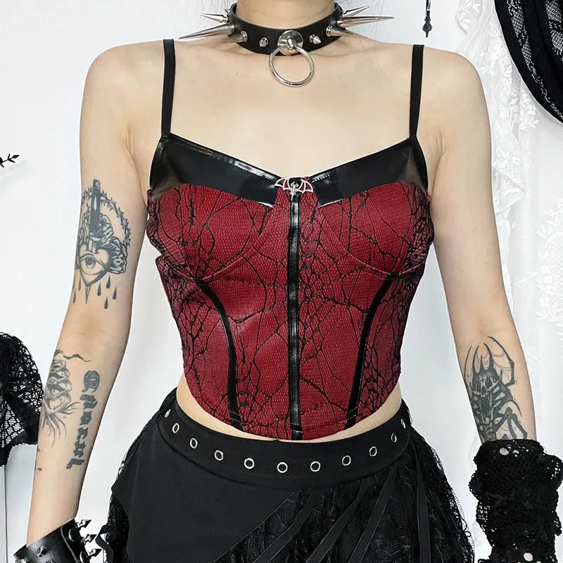 Gothic Sexy Slim Dark Temperament New Splicing Leather Edgy Crop Top