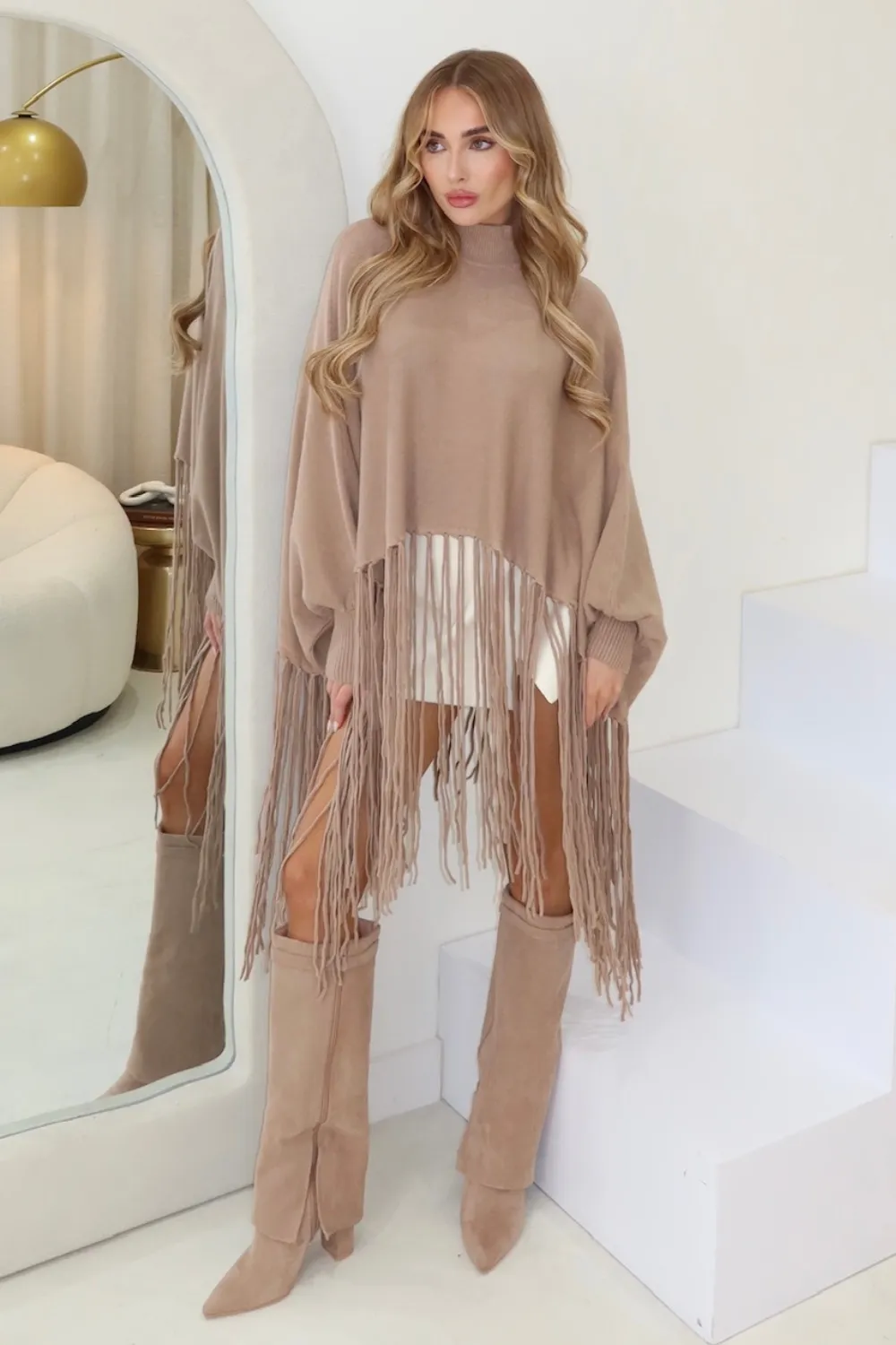 Hayden beige fringe knit cape