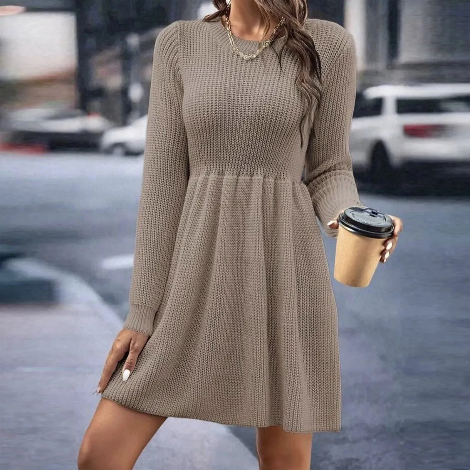 Knitted Flowing A-line Elastic Sleeve Solid Patchwork Long Sleeve Casual Autumn Dress