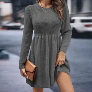 Knitted Flowing A-line Elastic Sleeve Solid Patchwork Long Sleeve Casual Autumn Dress