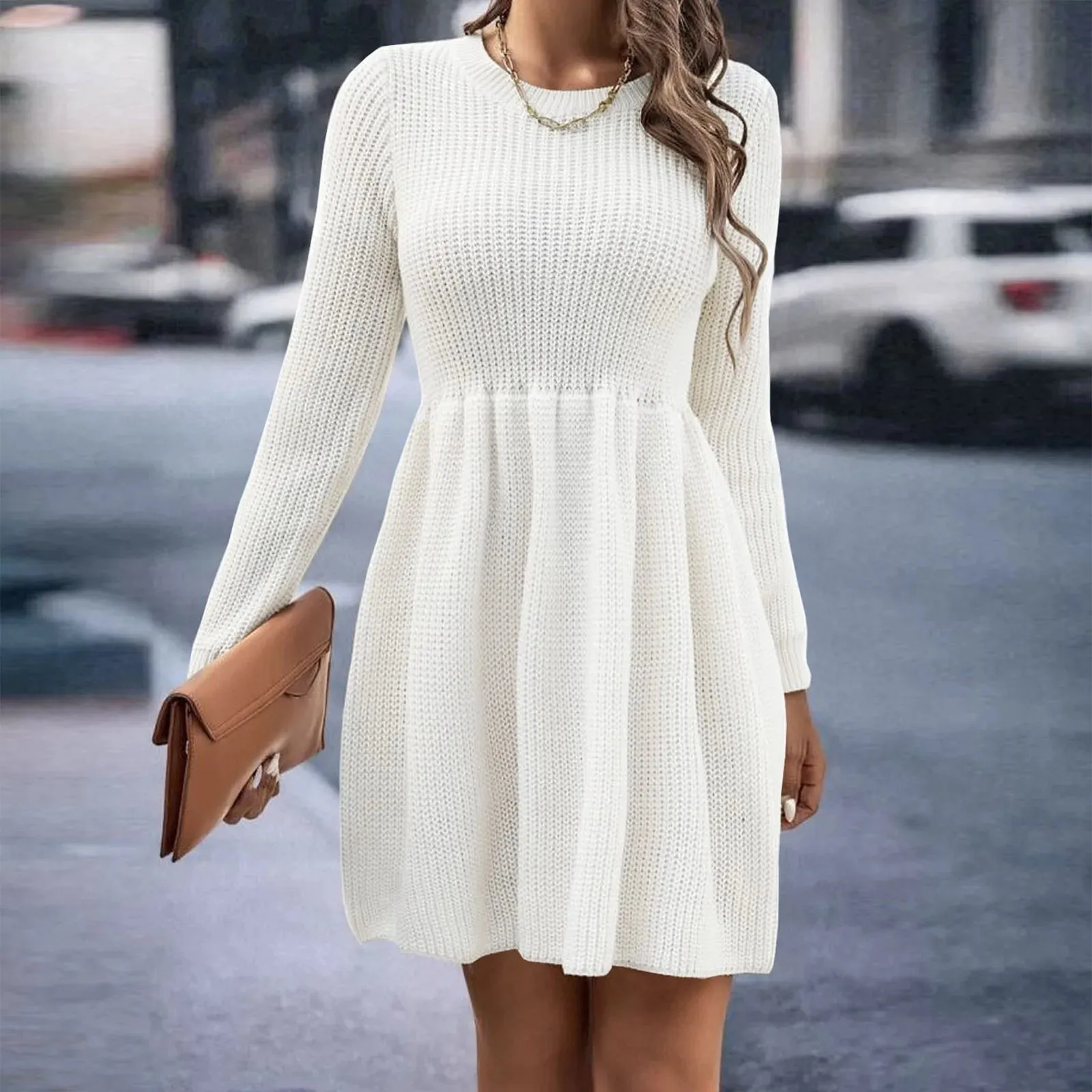 Knitted Flowing A-line Elastic Sleeve Solid Patchwork Long Sleeve Casual Autumn Dress