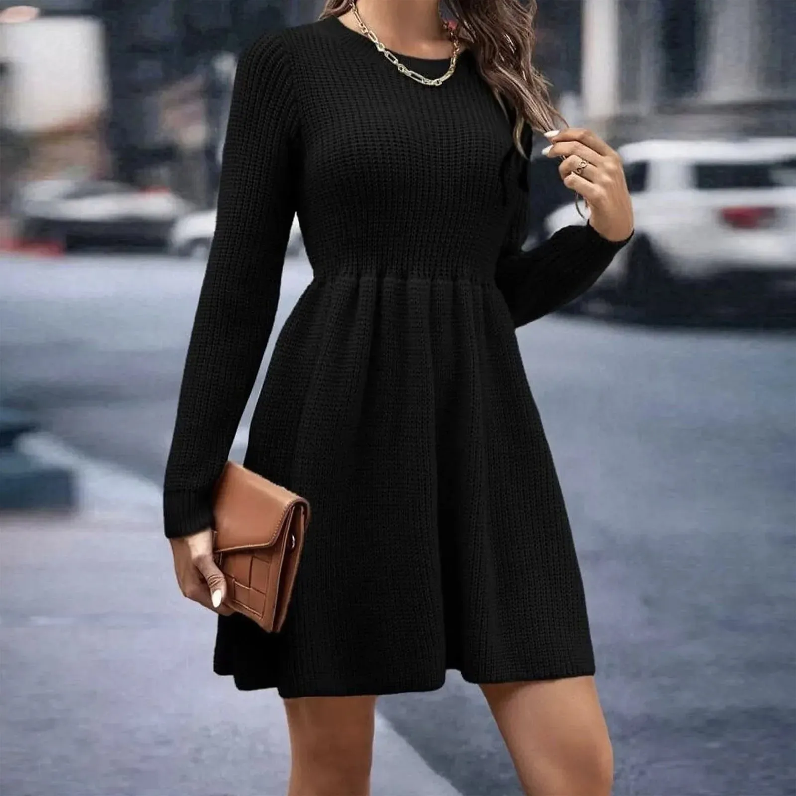 Knitted Flowing A-line Elastic Sleeve Solid Patchwork Long Sleeve Casual Autumn Dress