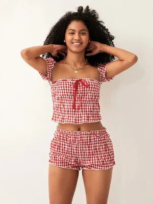 Lace Trim Tie-Up Cropped Summer Loungewear Tank Tops Crop Plaid Top