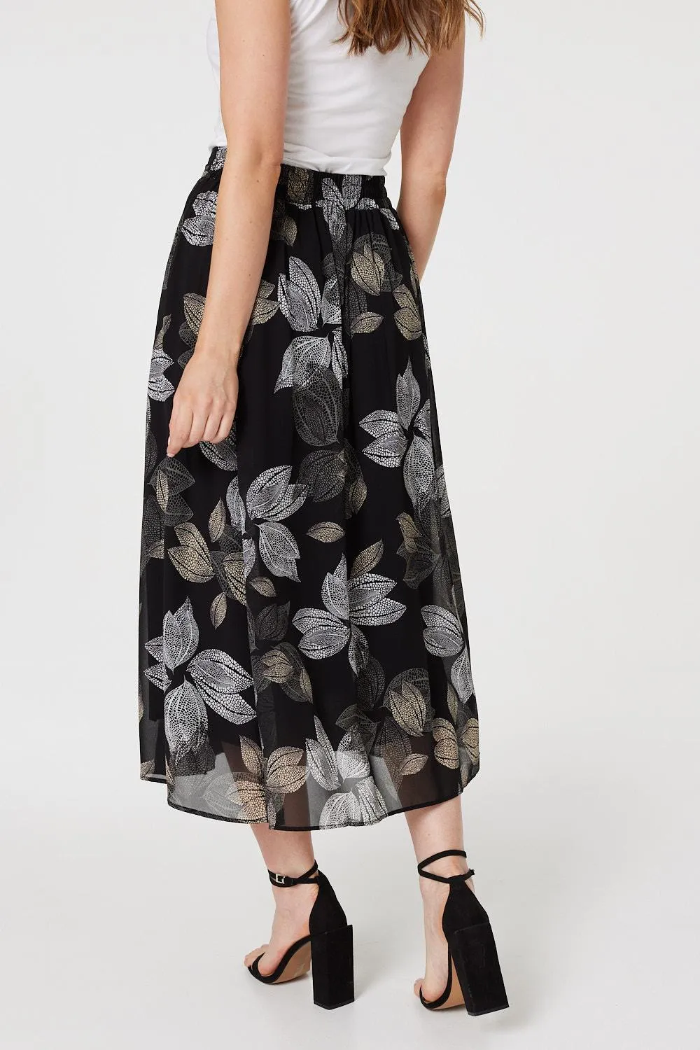 Leaf Print High Waist Midi Skirt