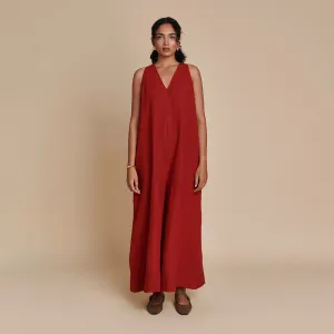 Linen Flared Jumpsuit | Flared Bottom | Red