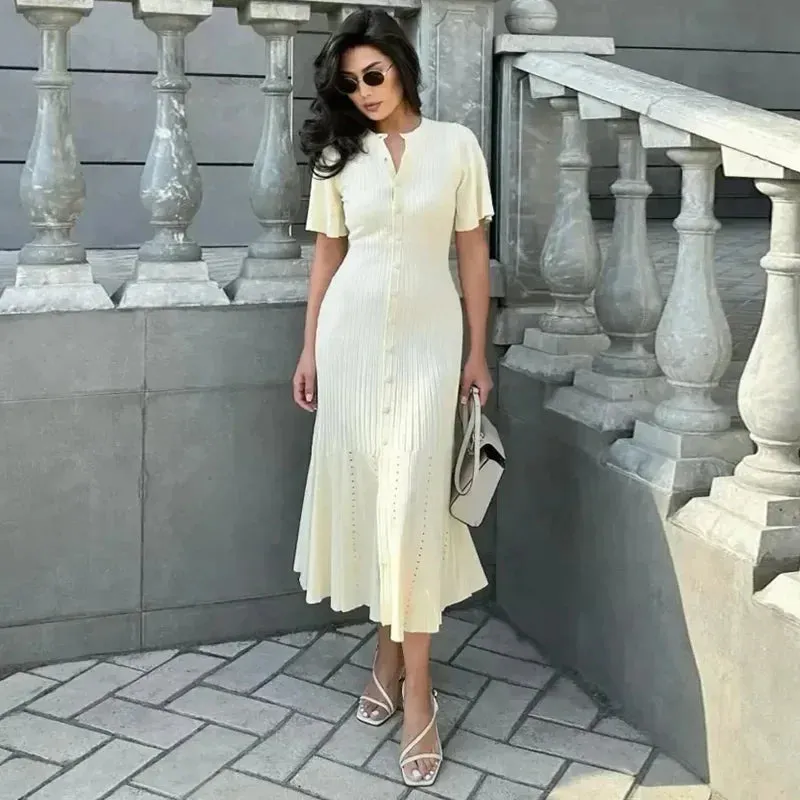 Long Dress Women Slim Wave O-neck Short Sleeve Hip Package Dresses