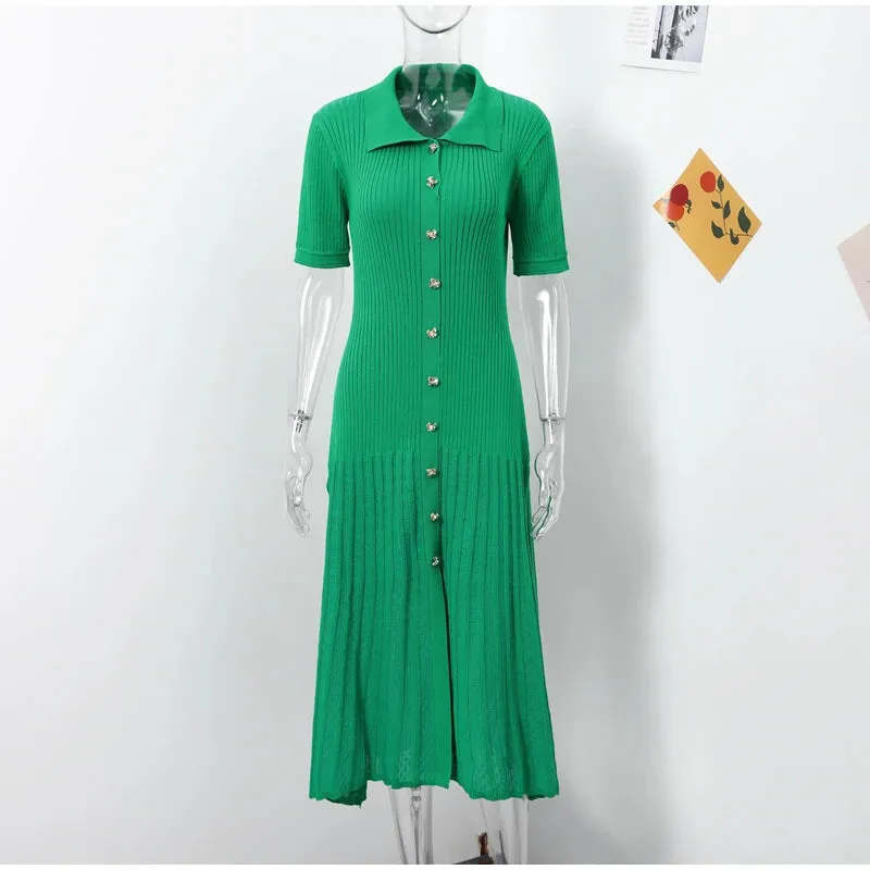 Long Dress Women Slim Wave O-neck Short Sleeve Hip Package Dresses