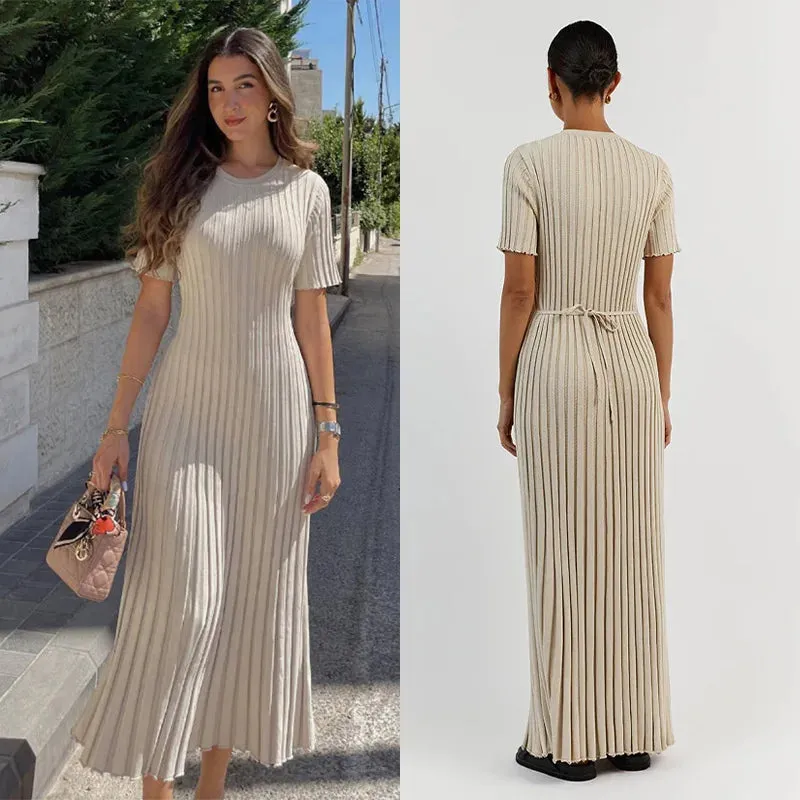 Long Dress Women Slim Wave O-neck Short Sleeve Hip Package Dresses