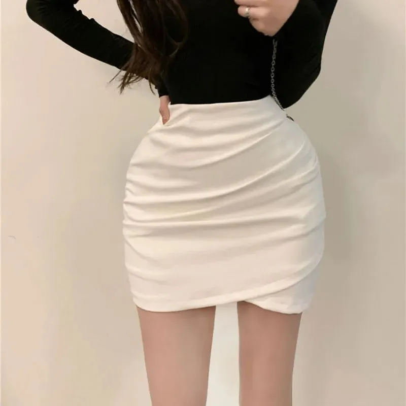 Lucyever Korean Fashion Mini Skirt Women Solid High Waist Irregular Folds Hip Wrap Pencil Skirt Ladies Sexy Slim Short Skirts