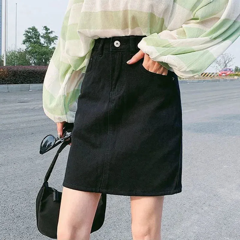 Lucyever Korean Women's Denim Skirt 2024 Summer High Waist A Line Mini Skirt Female Casual Pocket Solid Simple Jeans Skirt