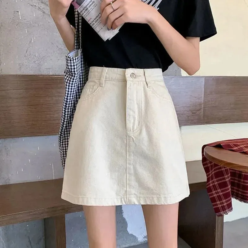 Lucyever Korean Women's Denim Skirt 2024 Summer High Waist A Line Mini Skirt Female Casual Pocket Solid Simple Jeans Skirt