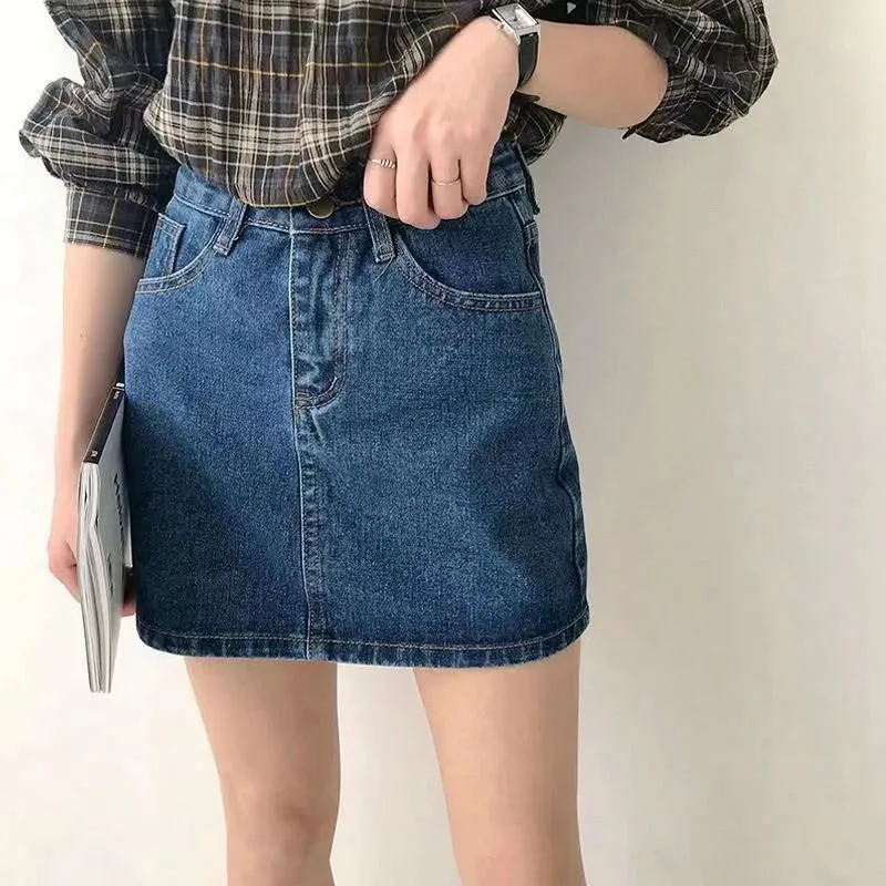 Lucyever Korean Women's Denim Skirt 2024 Summer High Waist A Line Mini Skirt Female Casual Pocket Solid Simple Jeans Skirt