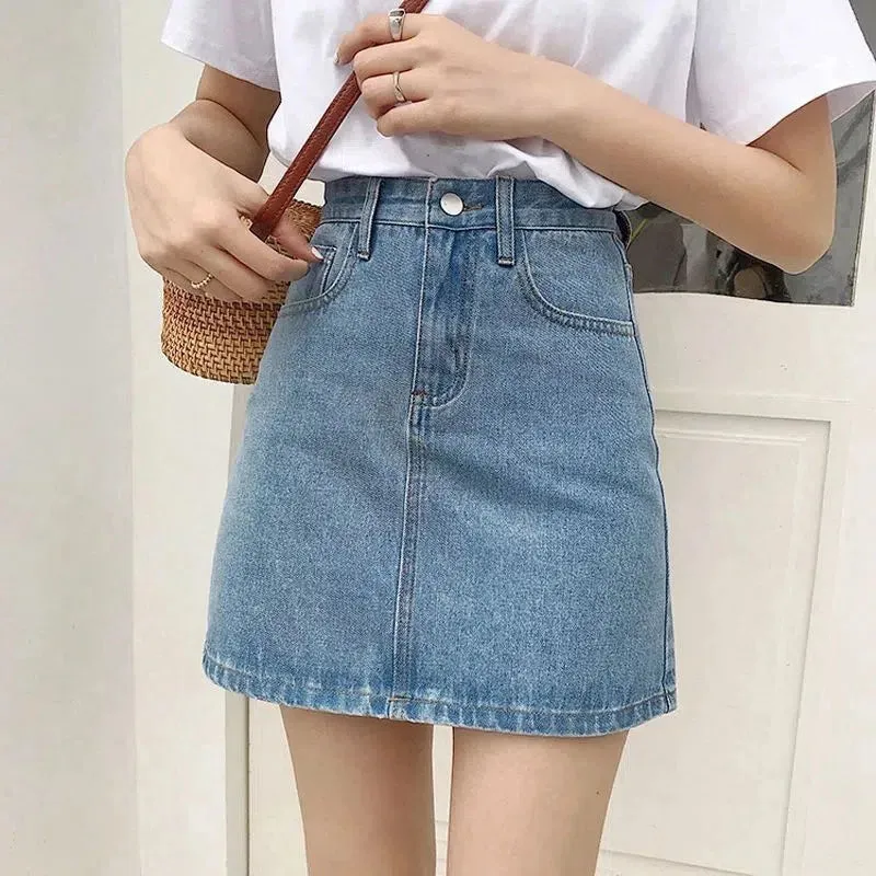 Lucyever Korean Women's Denim Skirt 2024 Summer High Waist A Line Mini Skirt Female Casual Pocket Solid Simple Jeans Skirt