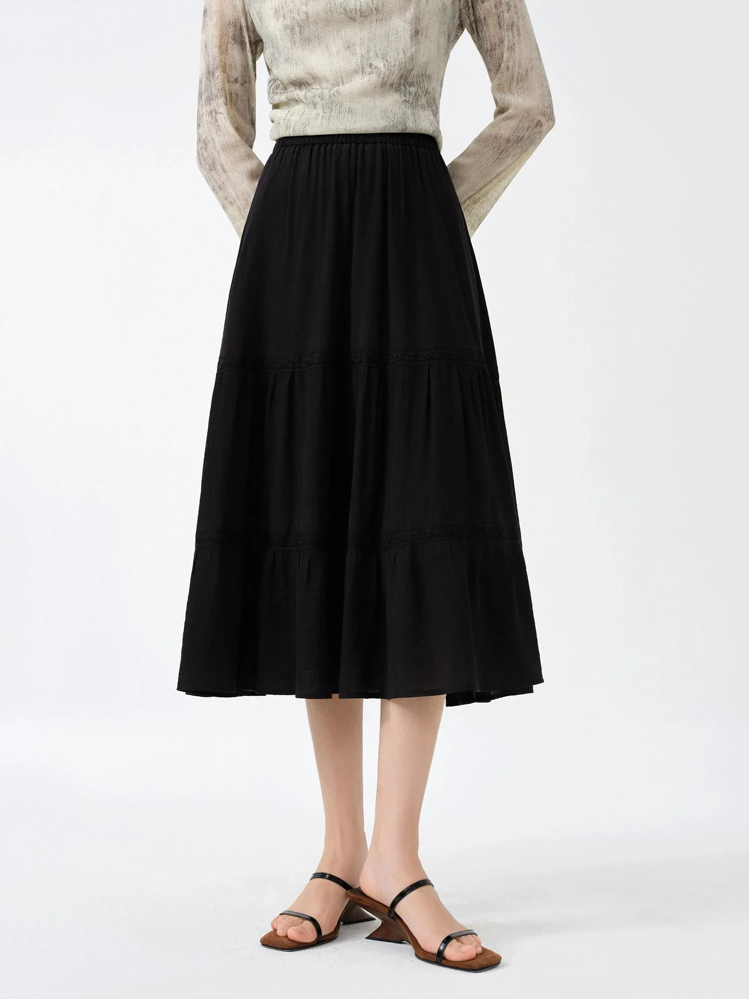 LVSANW DUSHU【2 Colors】High Waist Drape Women White Cake Skirts Elastic Waist Black A-LINE Commuter Black Autumn Skirt 24DS83127