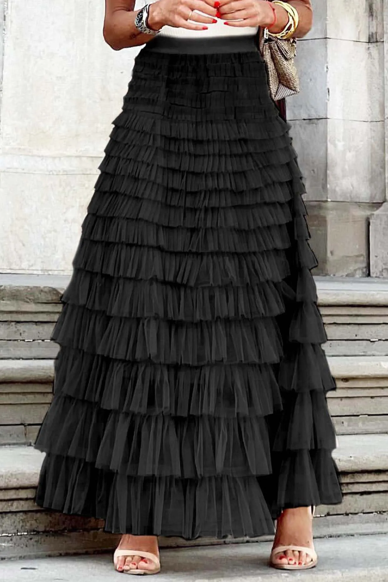 Mesh A-line Tiered Skirt