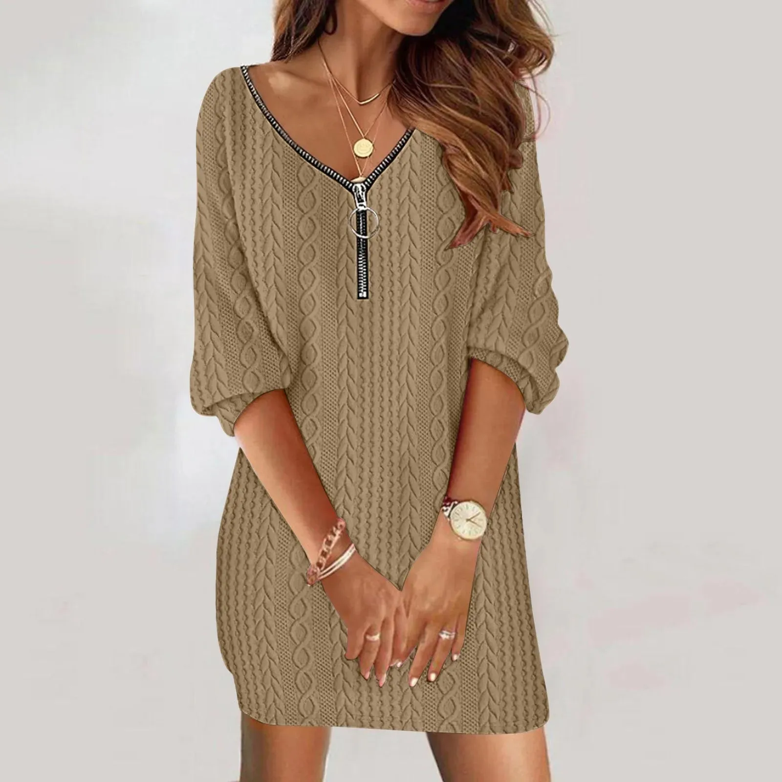 Midi Zippered Long Simple Solid Office-appropriate Casual Elegant Dress