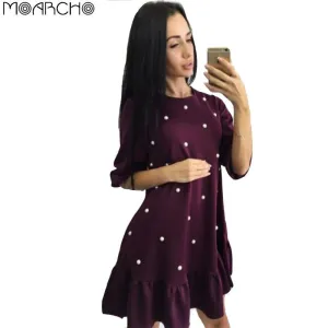 MOARCHO Women fashion Beading Ruffle Loose Dress 2017 Autumn Woman Half Sleeve O-neck mini dresses Ladies Causal bodycon Dress