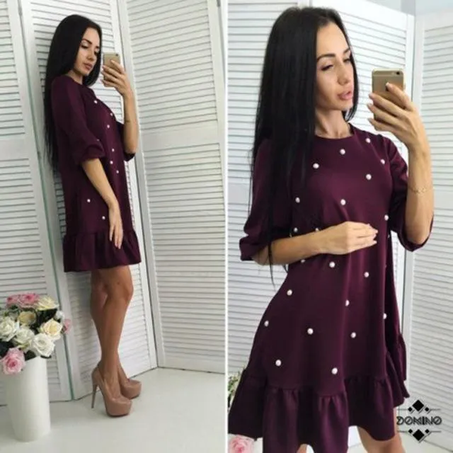 MOARCHO Women fashion Beading Ruffle Loose Dress 2017 Autumn Woman Half Sleeve O-neck mini dresses Ladies Causal bodycon Dress