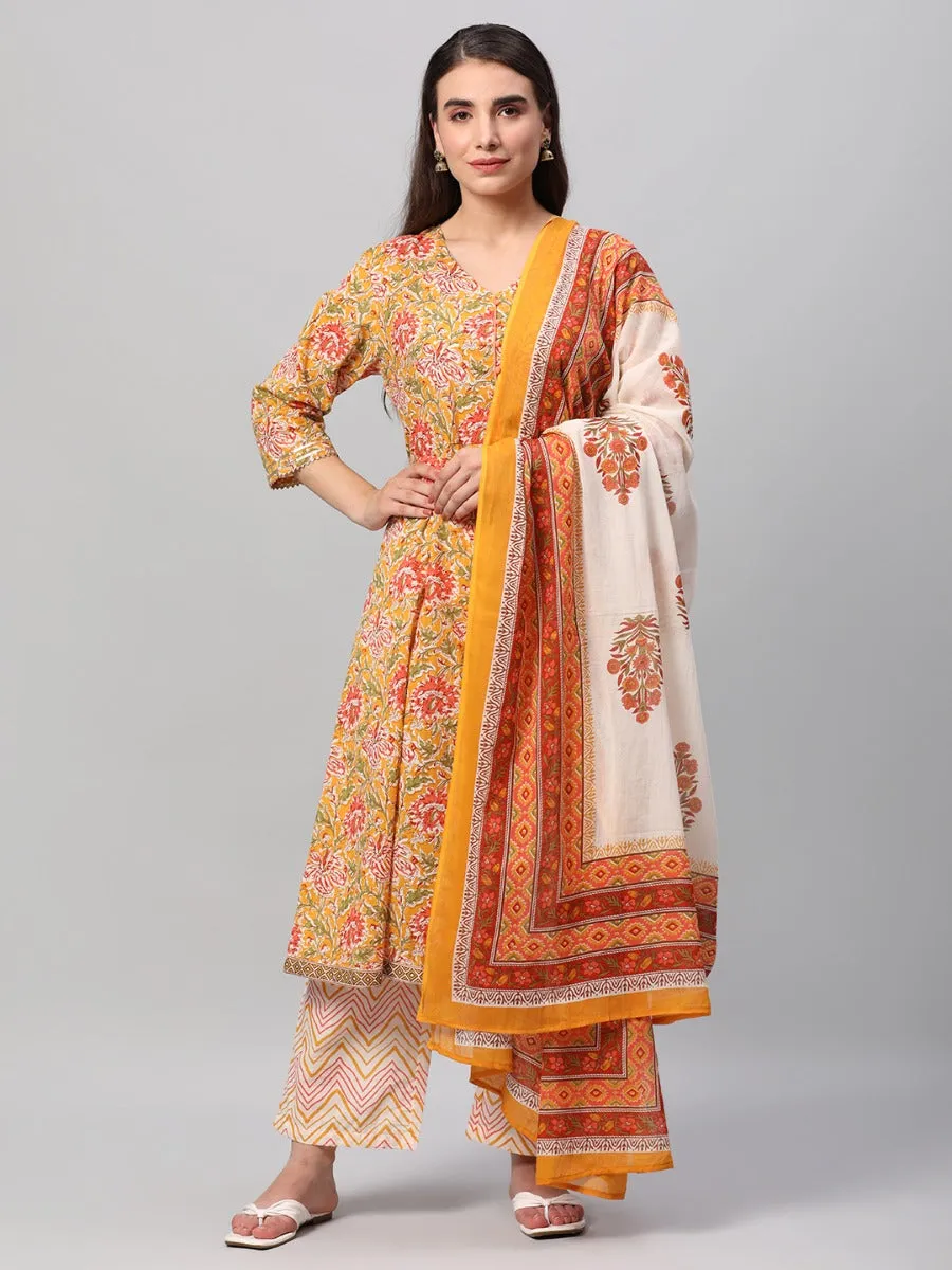 Mustard Floral Printed Kurta Comfort Pant Dupatta