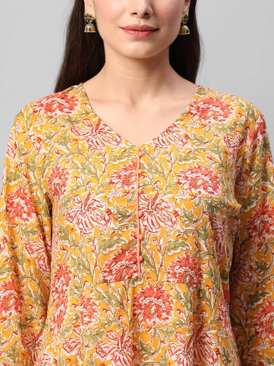 Mustard Floral Printed Kurta Comfort Pant Dupatta