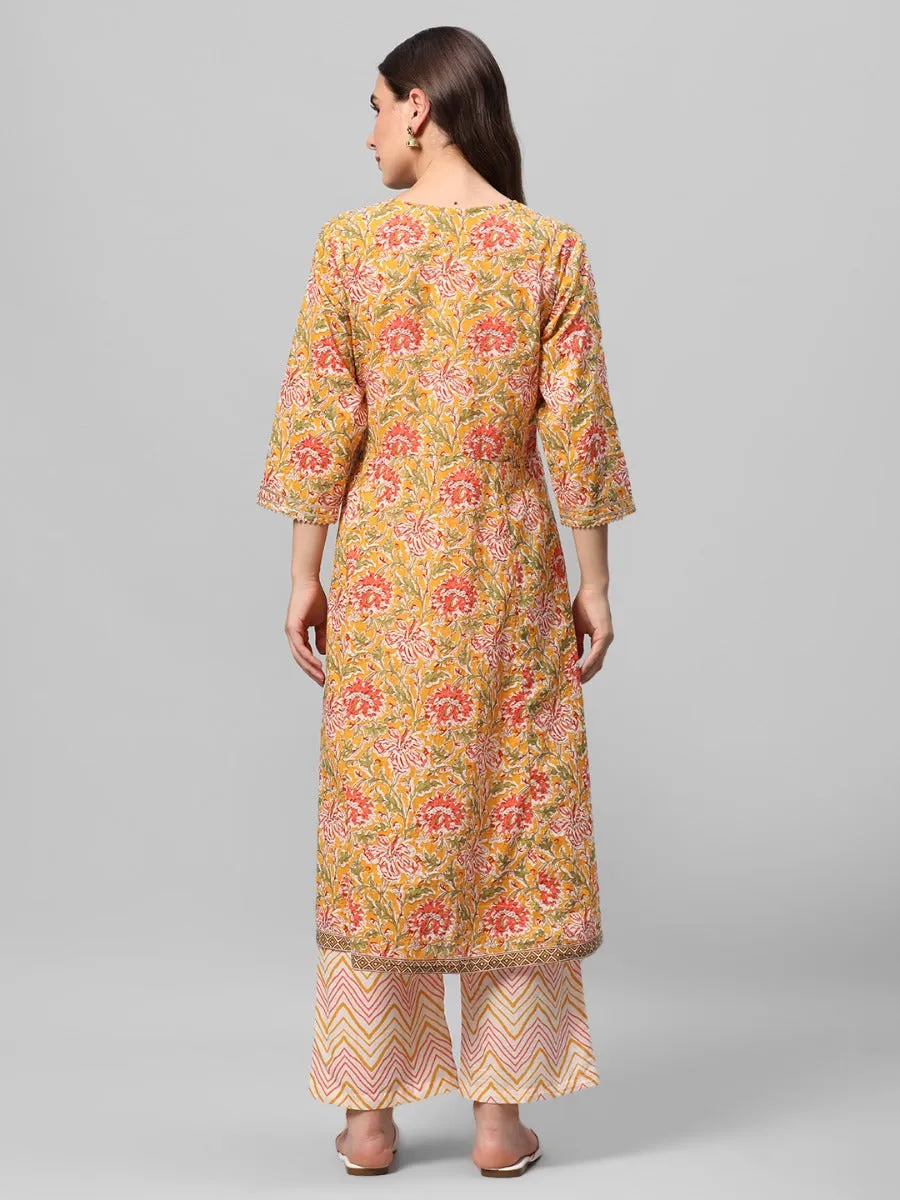 Mustard Floral Printed Kurta Comfort Pant Dupatta