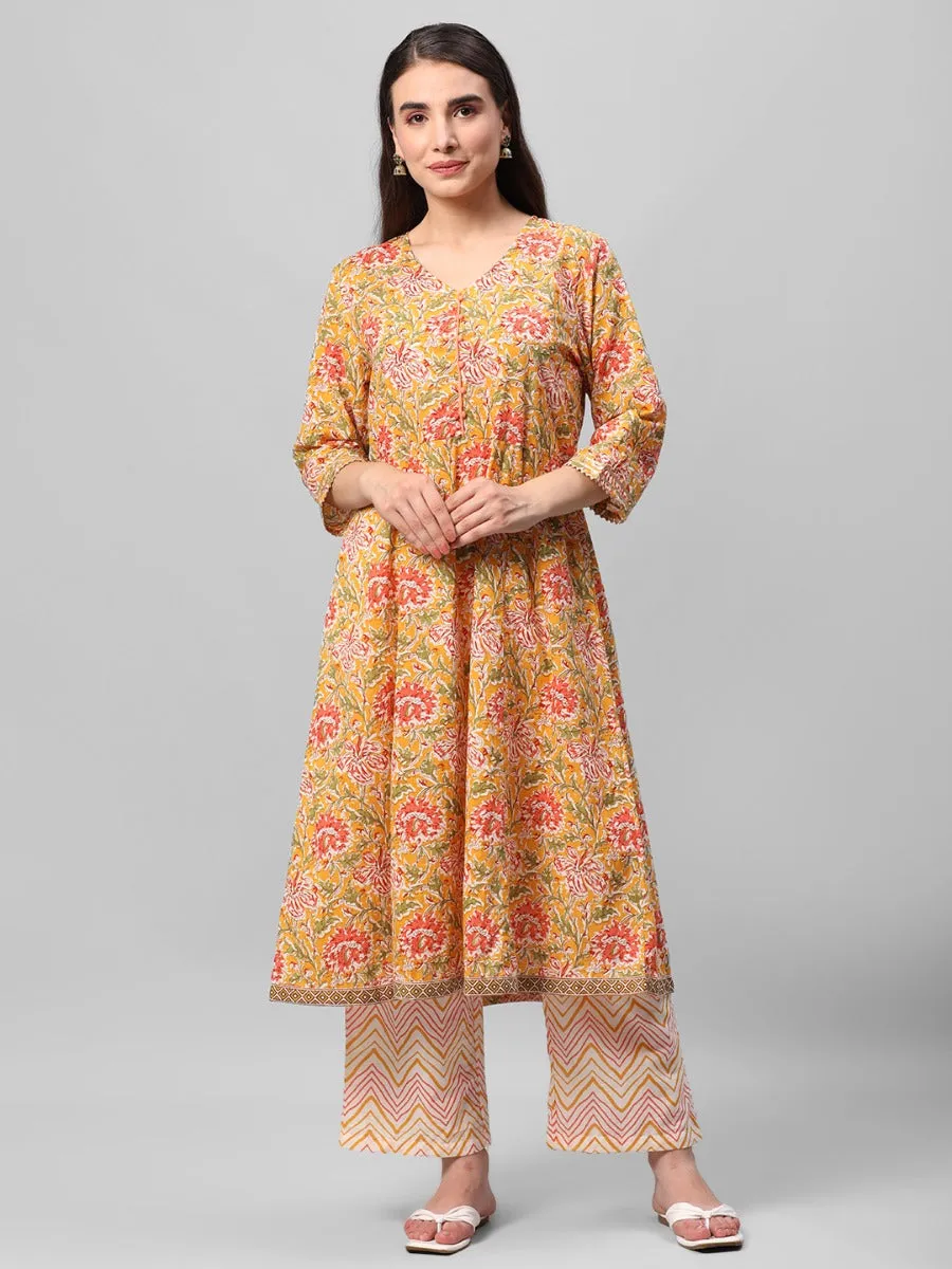 Mustard Floral Printed Kurta Comfort Pant Dupatta