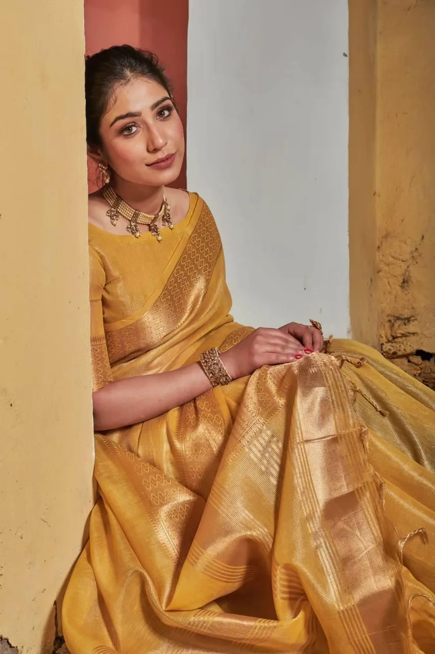 Mustard Yellow Maheshwari silk  Saree