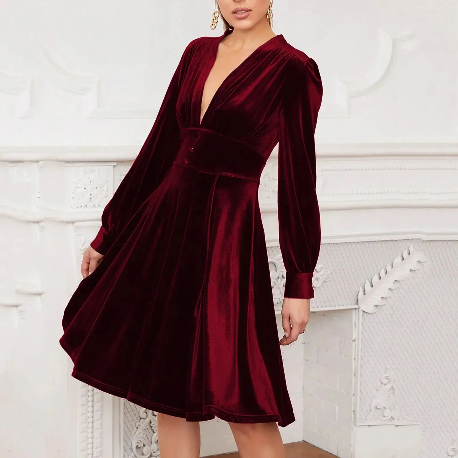 Party Red Velvet V-neck Solid Female Clothes Long Sleeves Elegant Loose Ladies Casual Luxury Dress