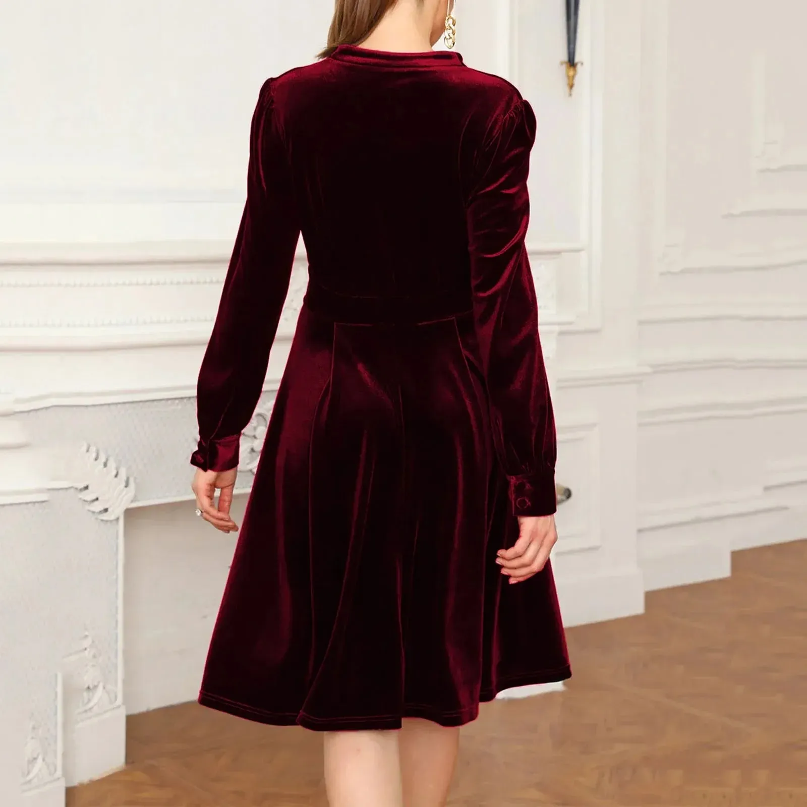 Party Red Velvet V-neck Solid Female Clothes Long Sleeves Elegant Loose Ladies Casual Luxury Dress