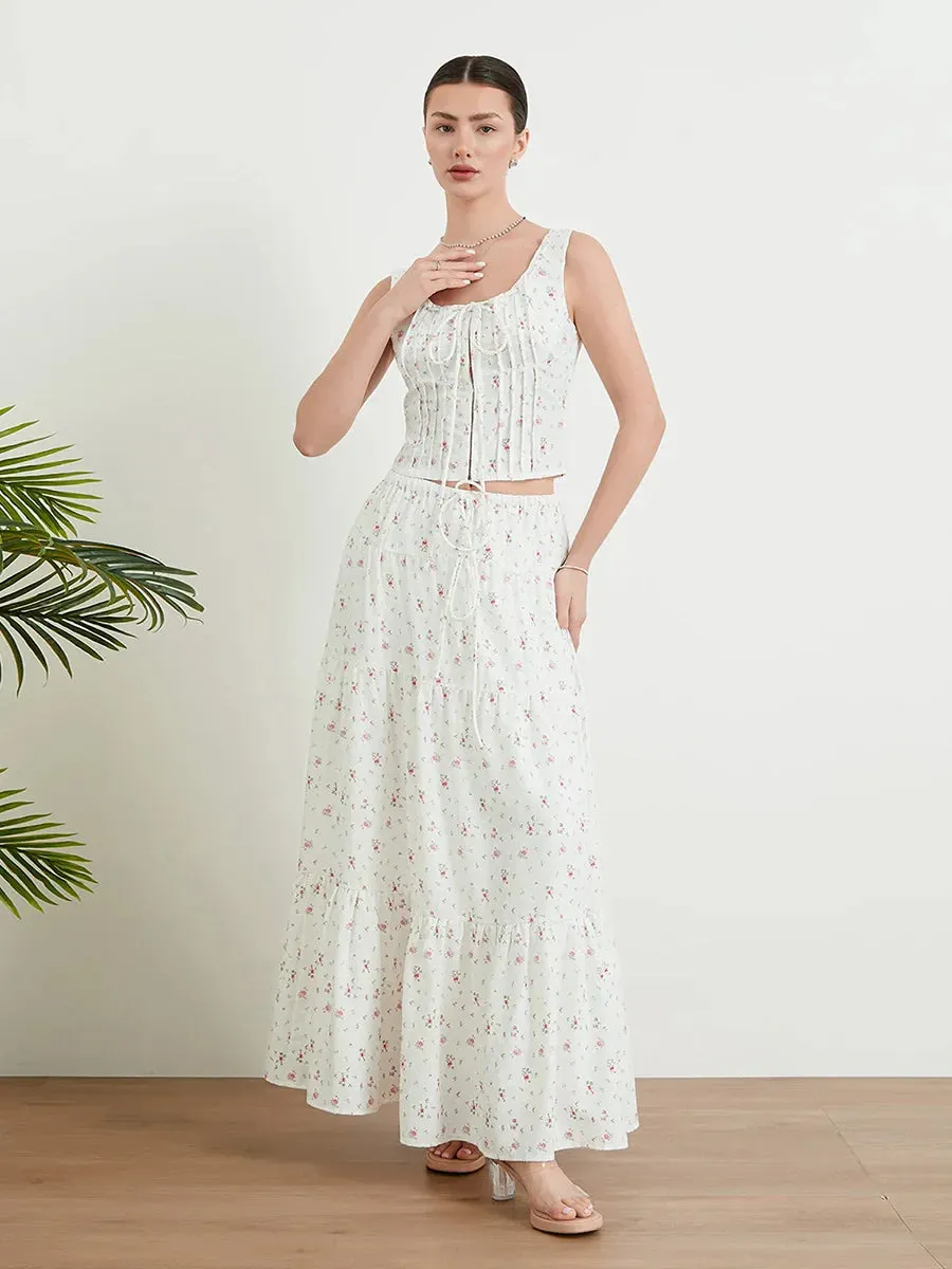 Piece Maxi Skirt Set Floral Print Ruffle Tiered Flowy Crop Two Top