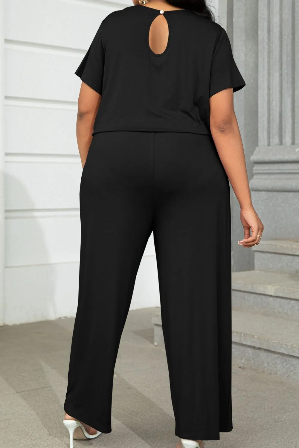 Plus Size Drawstring Waist Short Sleeve Jumpsuit