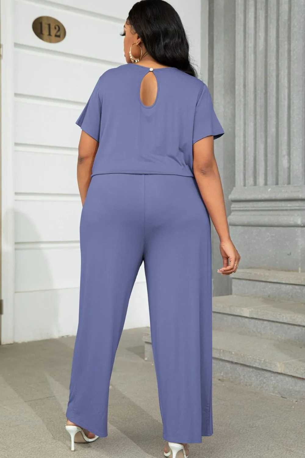 Plus Size Drawstring Waist Short Sleeve Jumpsuit