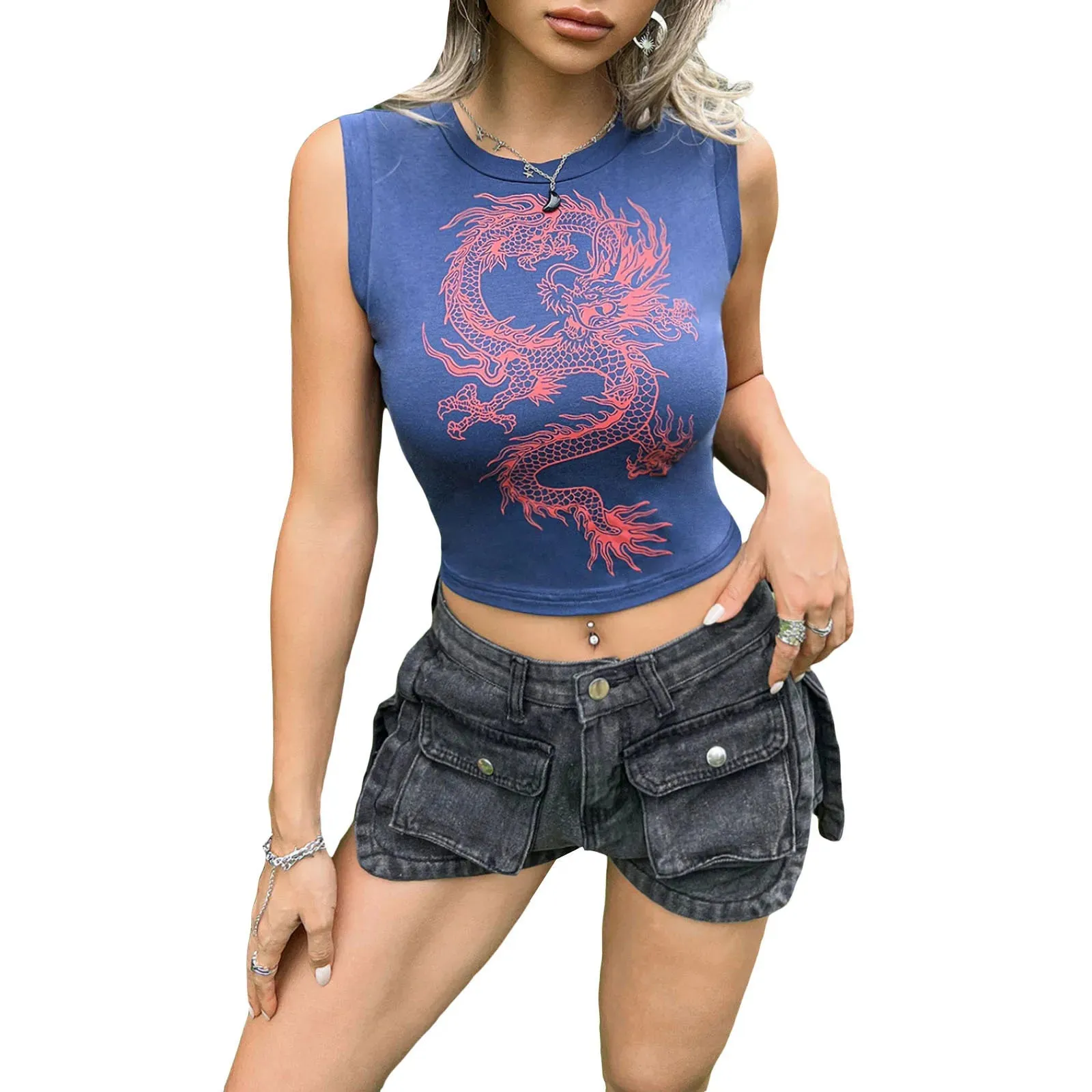 Print Sleeveless Crew Neck Slim Fit Summer Streetwear Crop Dragon Top