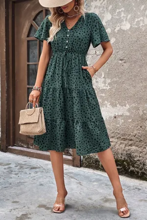 Printed Buttoned V-Neck Flutter Sleeve Dress