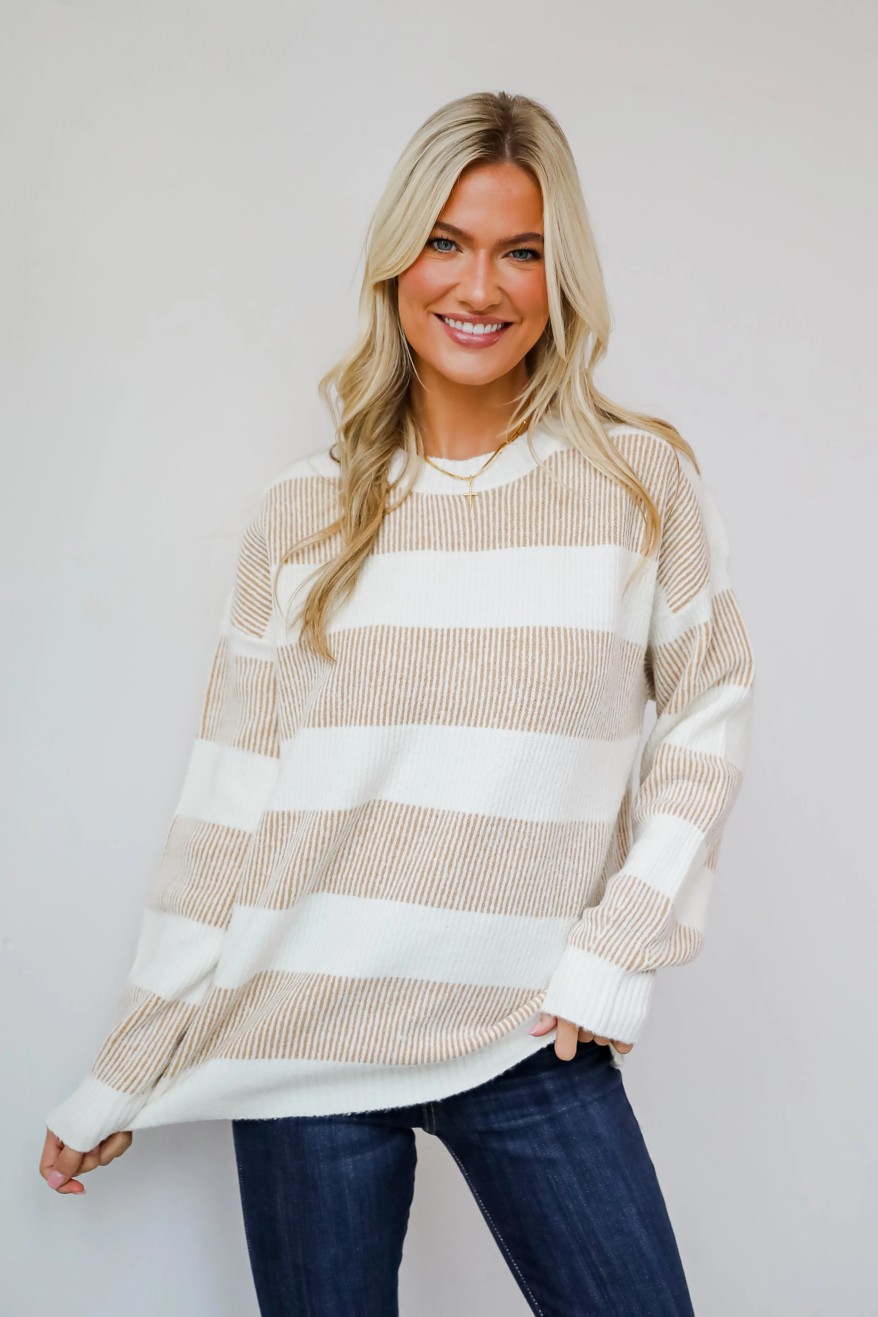 Seasonal Snuggles Taupe Striped Sweater - DOORBUSTER