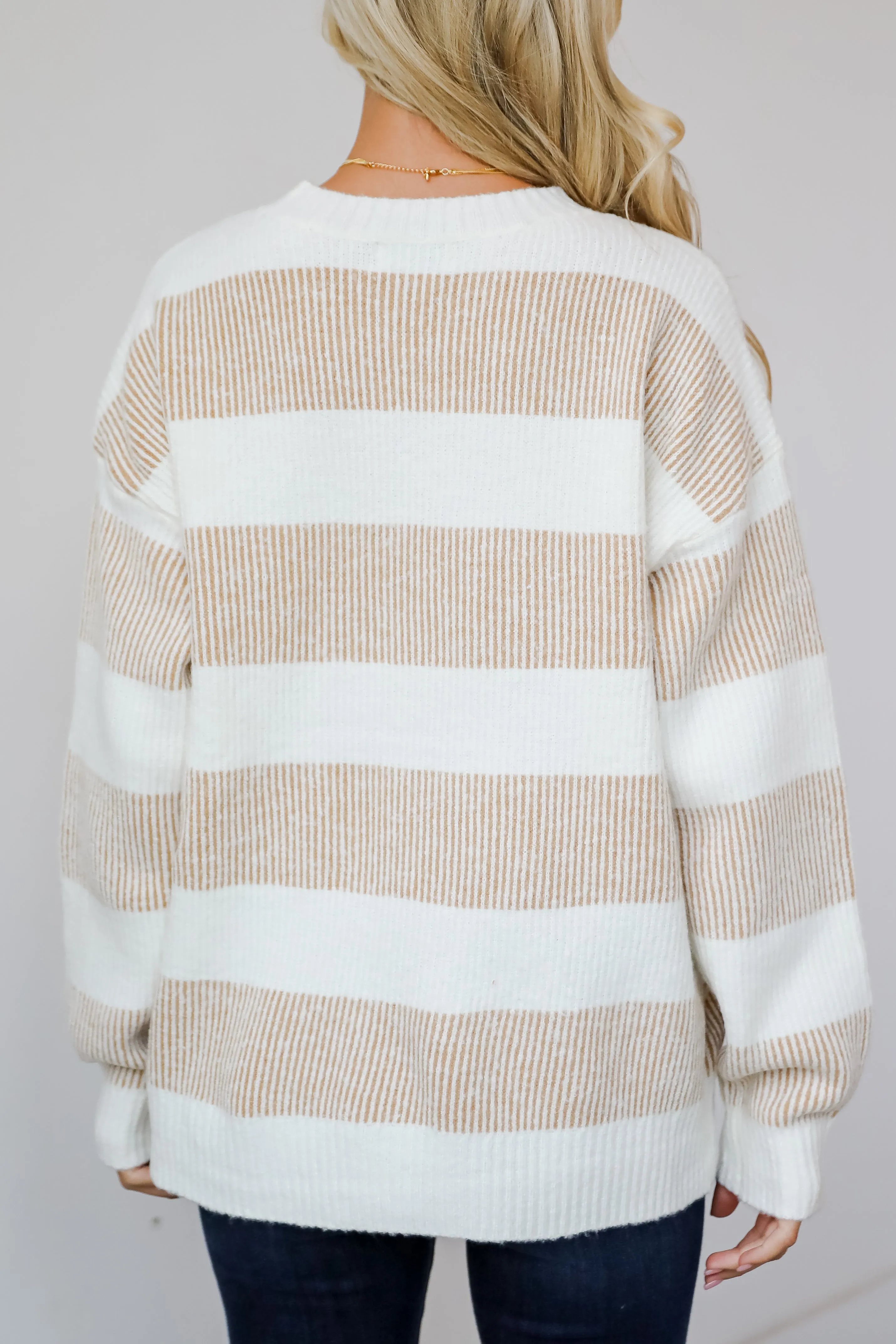 Seasonal Snuggles Taupe Striped Sweater - DOORBUSTER