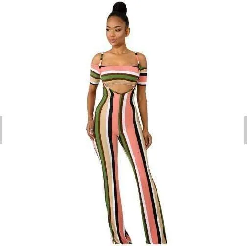 Sexy off shoulder striped printed bodycon jumpsuit