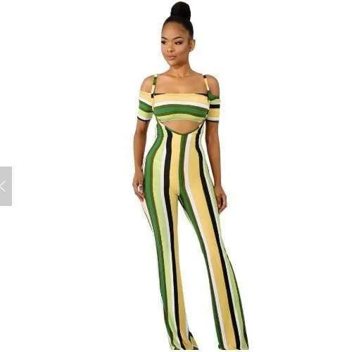 Sexy off shoulder striped printed bodycon jumpsuit